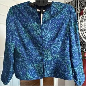 VTG Adrianna Papell Paisley Cropped Jacket Petite Blue Green Button Front